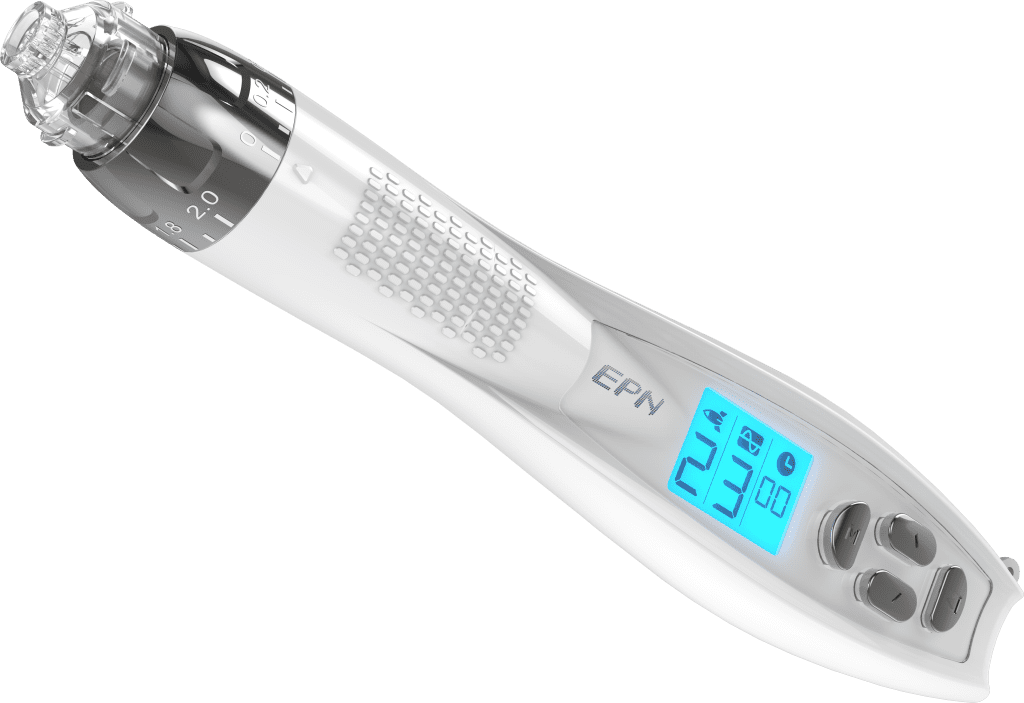 This image show the White Lynton EPN expert microneedling pen. The Lynton EPN expert microneedling pen is a handheld device designed for microneedling procedures. It typically features a sleek and ergonomic design, with a small pen-like shape that is easy to hold and maneuver. The pen is equipped with fine needles arranged in a cartridge at its tip, which are used to create controlled micro-injuries in the skin. These micro-injuries stimulate the skin's natural healing process, leading to increased collagen and elastin production, as well as skin rejuvenation. The pen may also have adjustable needle depth settings, allowing for customization based on the specific needs of the treatment area. Additionally, it may include features such as LED lights or vibration to enhance the comfort and efficacy of the treatment. Overall, the Lynton EPN expert microneedling pen is a professional-grade device used by skincare professionals for various skin concerns, including wrinkles, scars, and uneven texture.